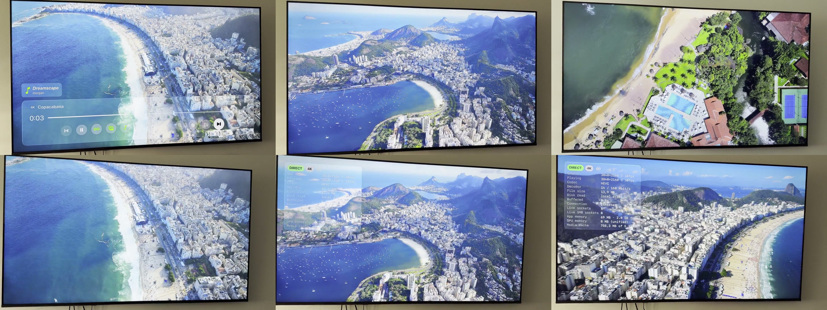 Six frames showing Archive playing its bundled demo footage on an Apple TV